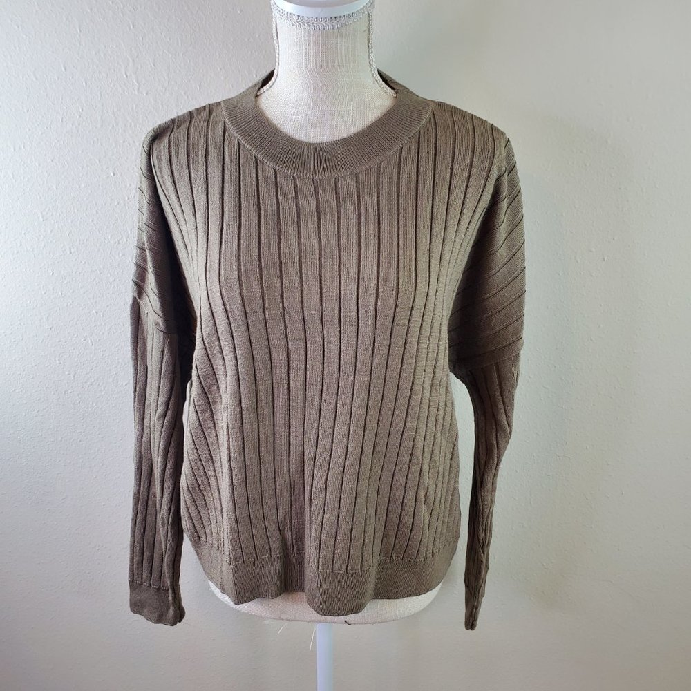 SMF Womens Beige Ribbed Crewneck Long Sleeve Sweater - Picture 4 of 7